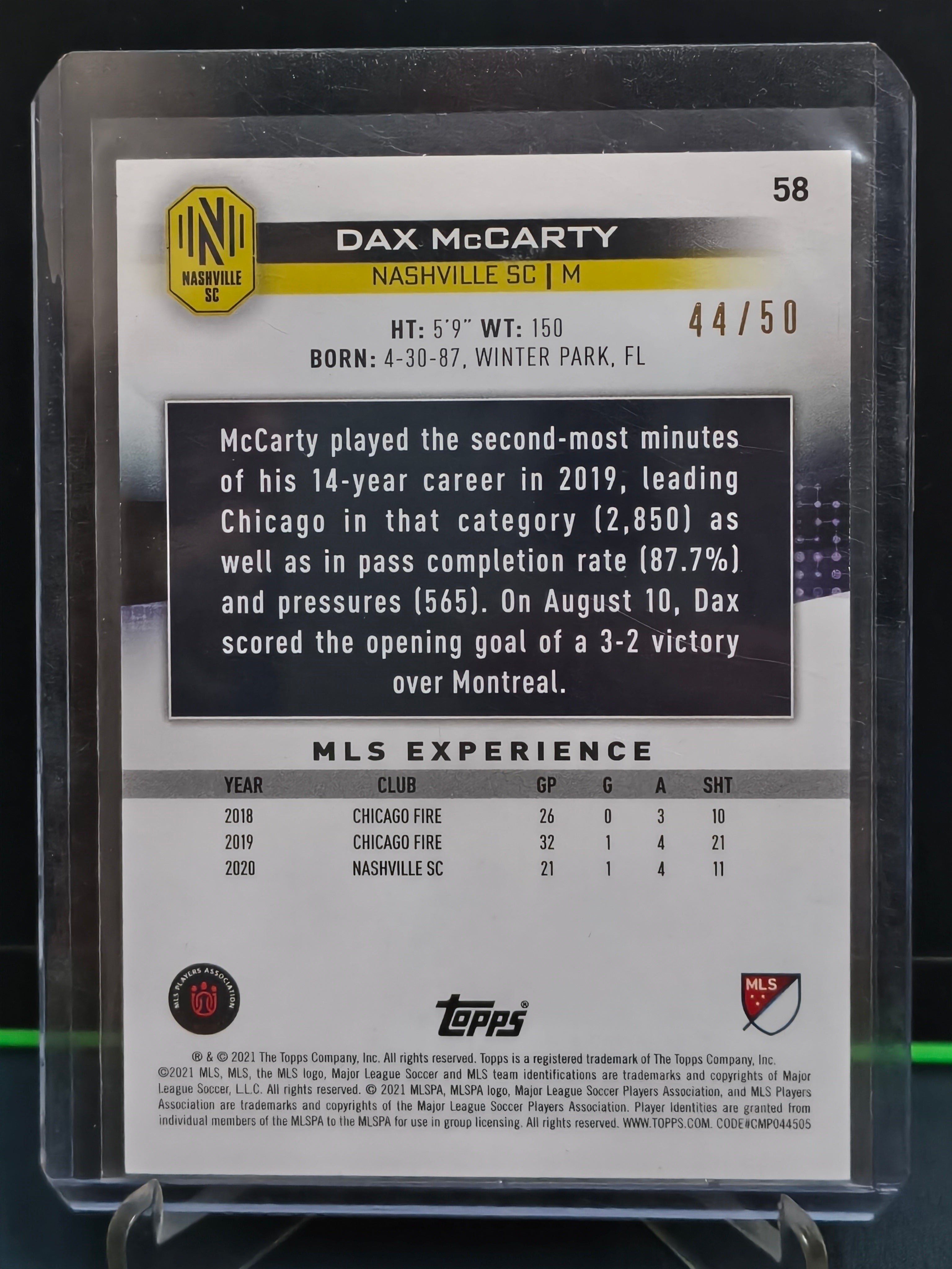 Dax McCarty - 44/50 Card - Topps MLS 2021