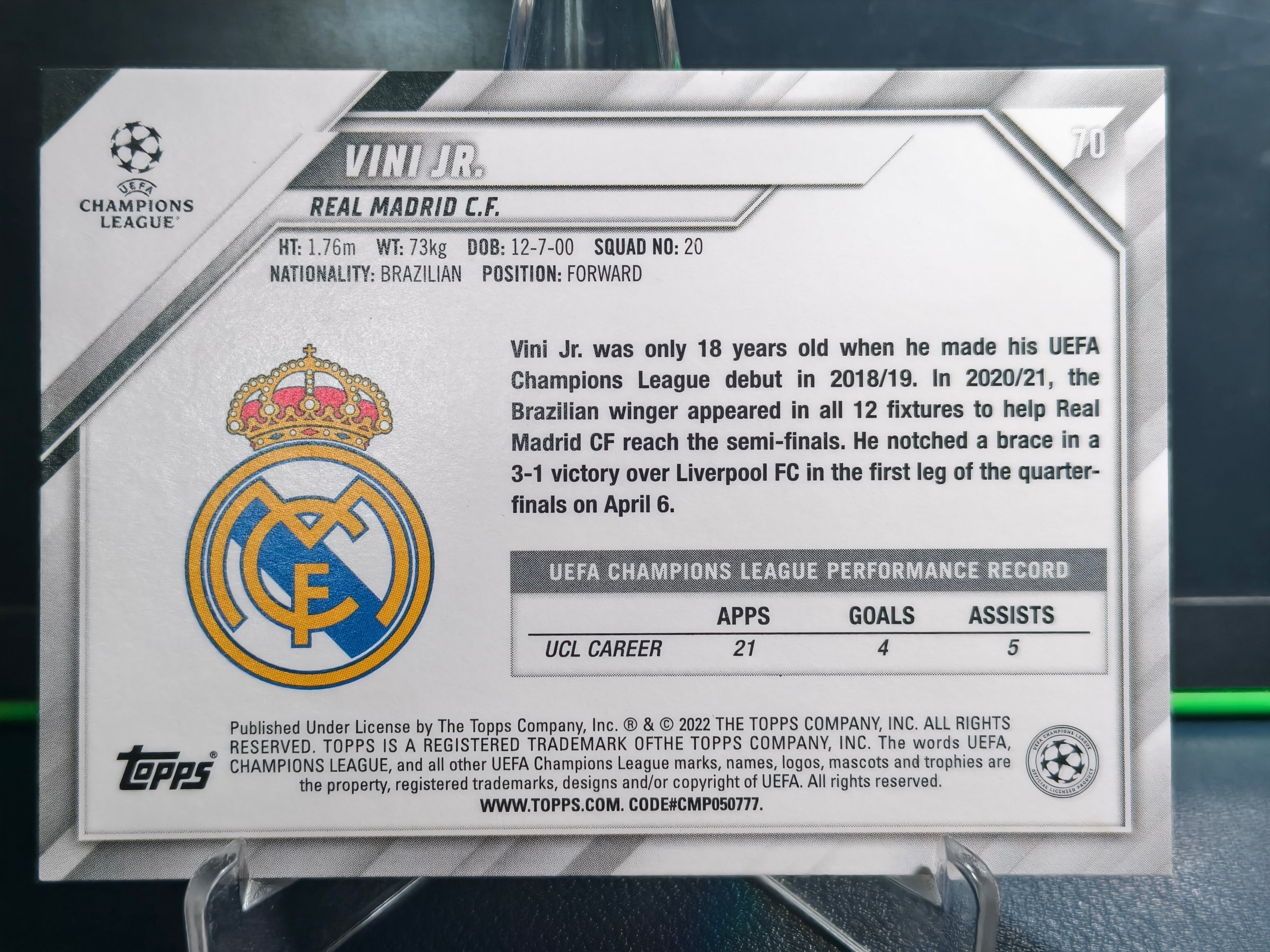 Vinicius Jr - Base Card - Topps UCL 21-22
