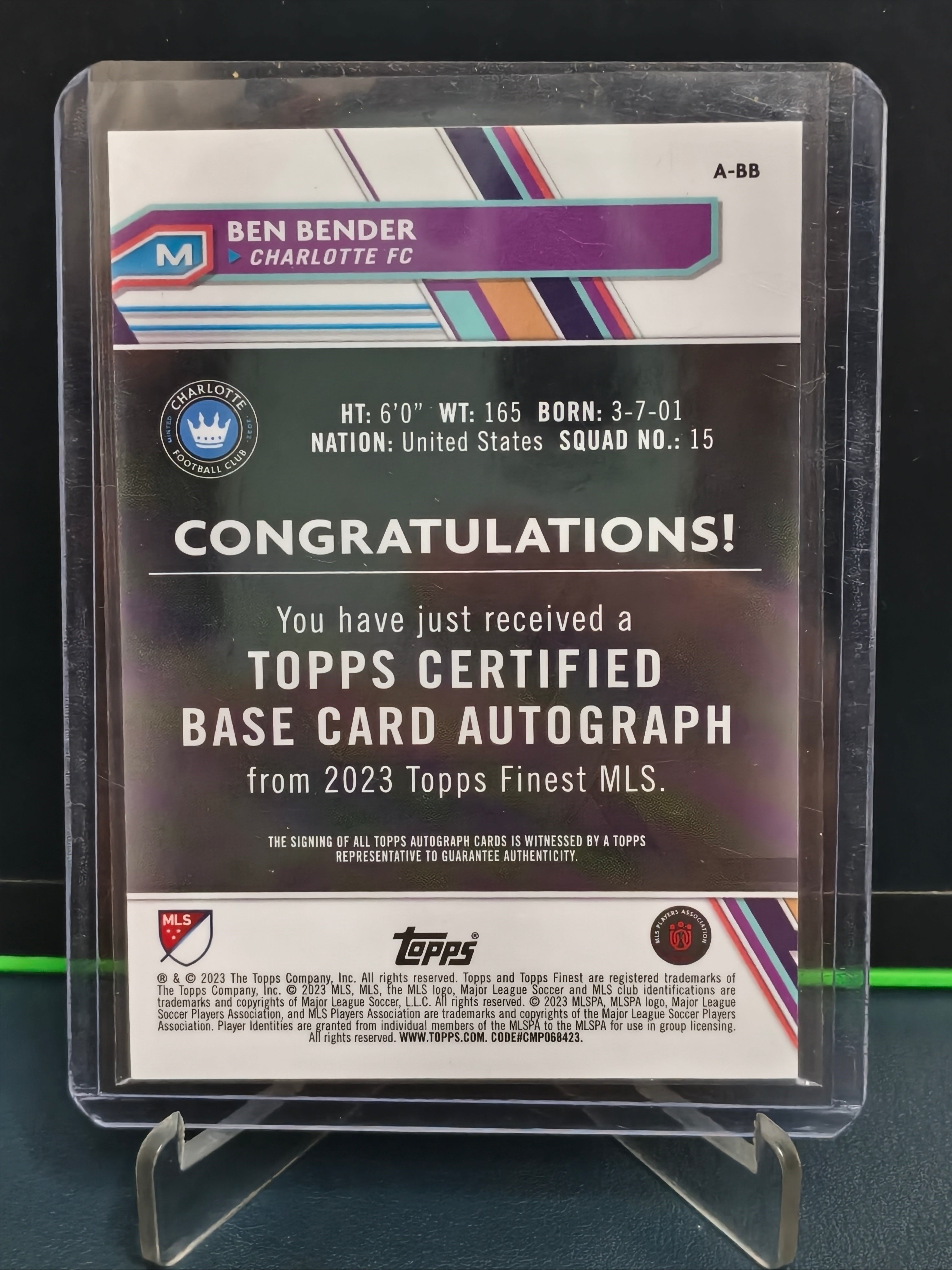 Ben Bender - 15/75 Auto Card - Topps Finest MLS 23