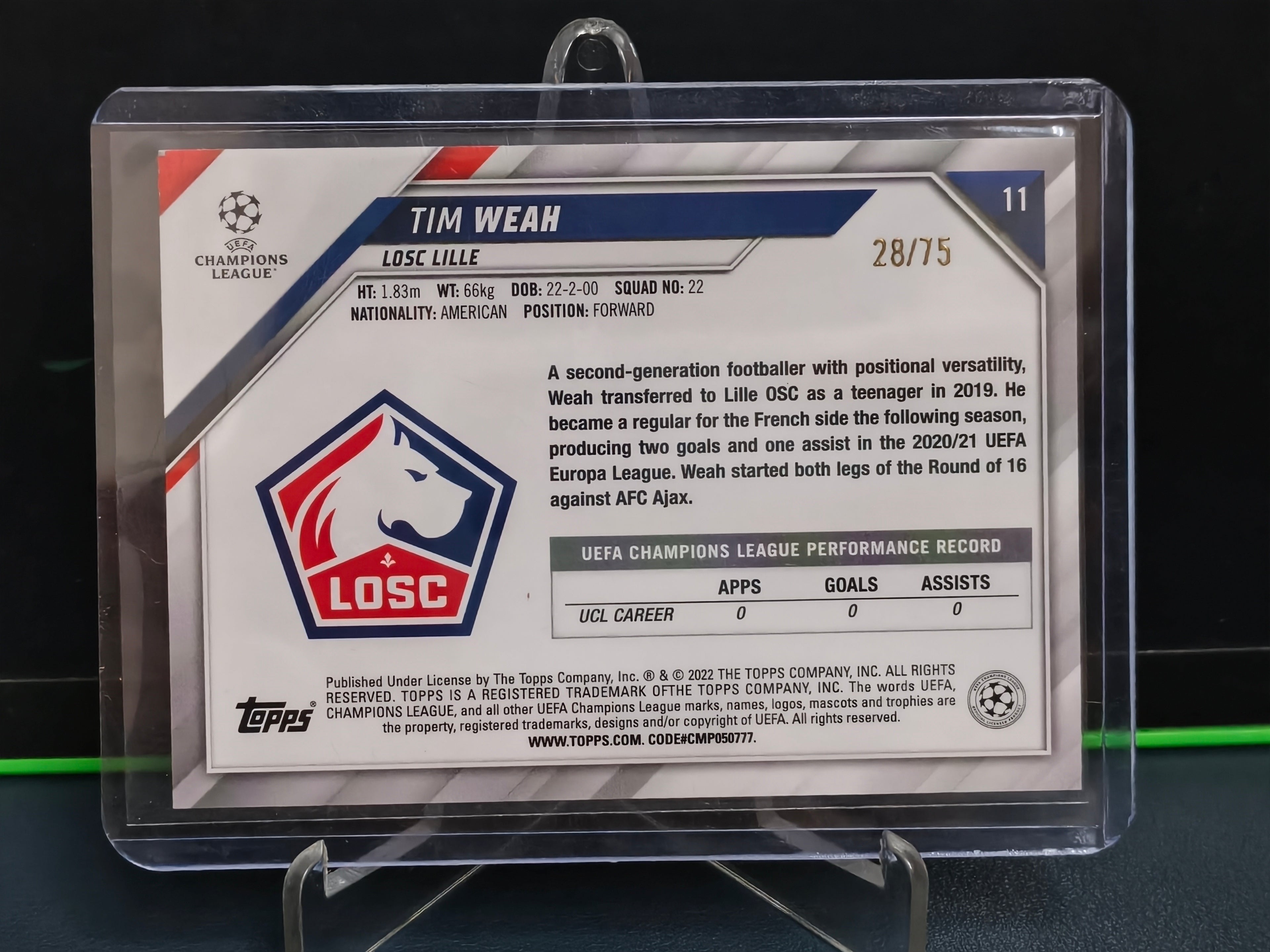 Tim Weah - 28/75 Card - Topps UCL 21-22