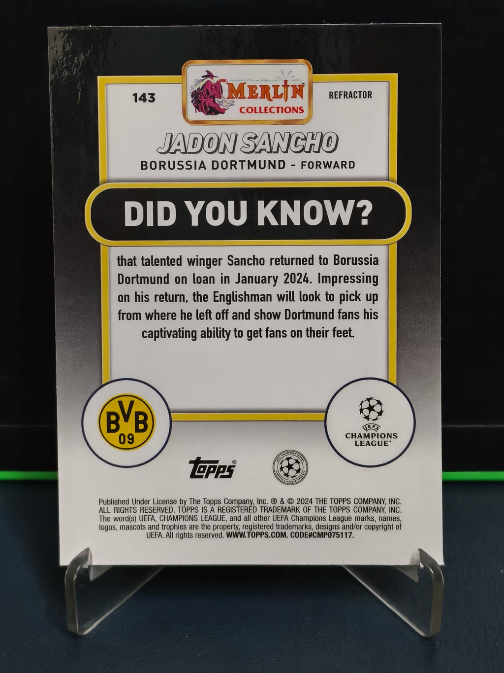 Jadon Sancho - Refractor Card - Topps Merlin UCC 23-24